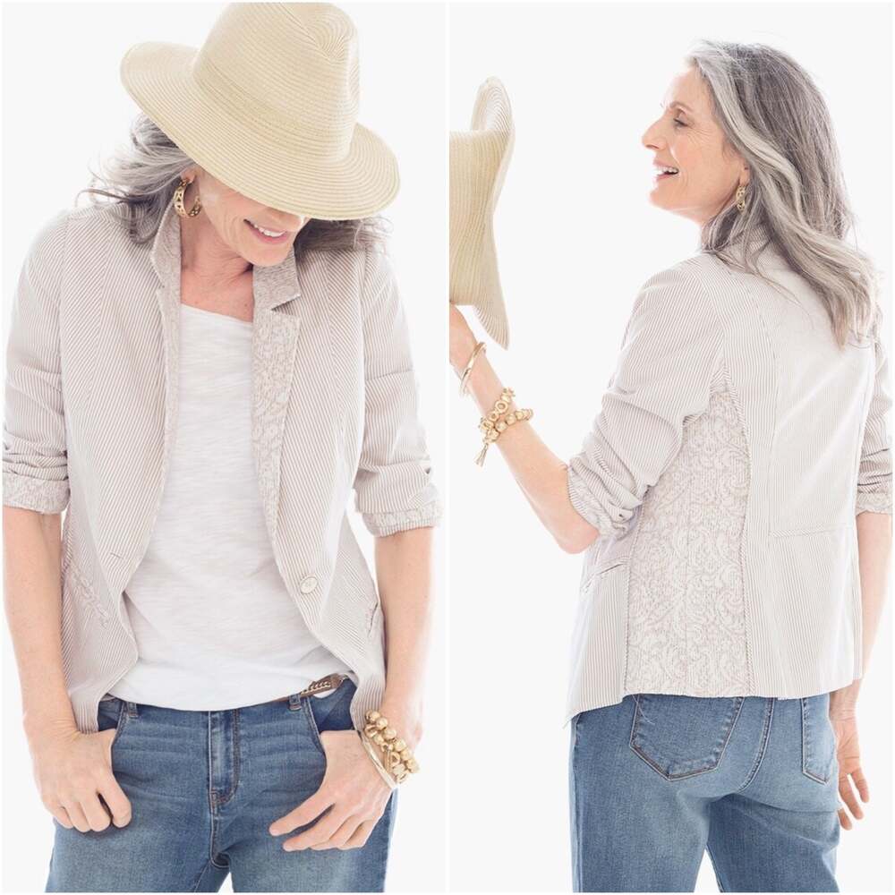 Chico’s Beige Lace Striped Blazer Jacket - Picture 7 of 9